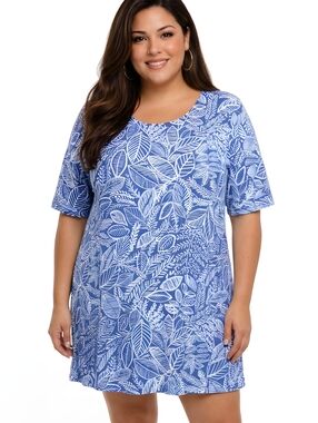 Ruby Rd. Blue & White Leaf Print Ladder-Cutout Sleeve Shift Dress Size 3X